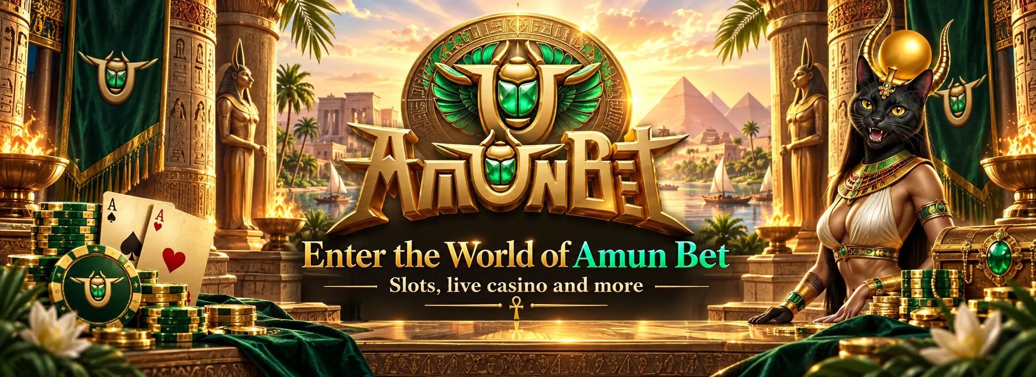 Amun Bet Egyptian temple scene with golden architecture and emerald details